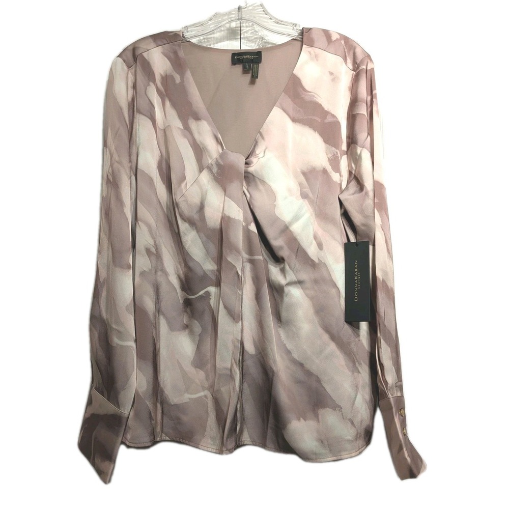 Donna Karan New York Blouse Women L Pink-Multicolor V Neck Long Sleeve Print NWT